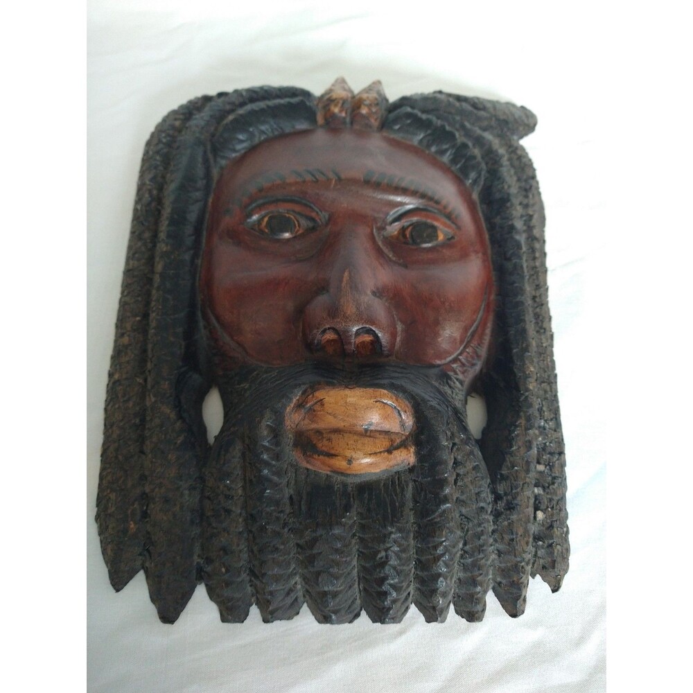 Vintage Jamaican Hand Carved Wood Mask Rasta Art Sculpture 9 x 6.5” Boho Tribal